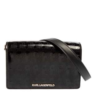 Karl Lagerfeld Black Logo Embossed Patent Leather Flap Shoulder Bag
