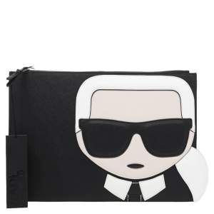 Karl Lagerfeld Black Leather Ikonik Top Zip Clutch