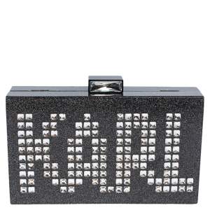 Karl Lagerfeld Black/Silver Glitter Acrylic Minaudiere Diamonds Chain Box Clutch