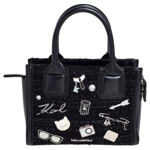 Karl Lagerfeld Black Leather And Tweed K/Klassik Pins Mini Tote