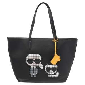 Karl Lagerfeld Black Leather K/Pixel Karl Choupette Shopper Tote
