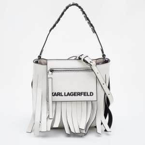 Karl Lagerfeld White/Black Faux Leather K/Fringe Hobo