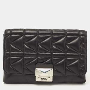 Karl Lagerfeld Black Quilted Leather Pushlock Flap Clutch