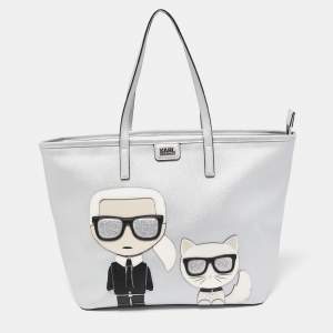 Karl Lagerfeld Silver Leather K/Ikonic Karl Choupette Shopper Tote