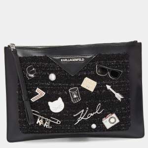 Karl Lagerfeld Black Leather Leather and Tweed K/Klassik Pins Wristlet Pouch