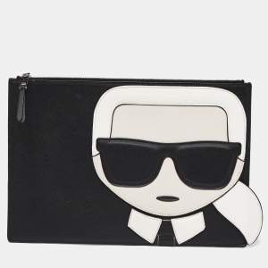 Karl Lagerfeld Black/White Leather K/Ikonik Zip Pouch
