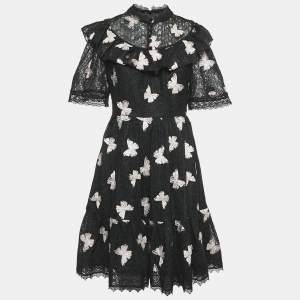 Kate Spade Black Butterfly Embroidery Lace Ruffled Short Dress M