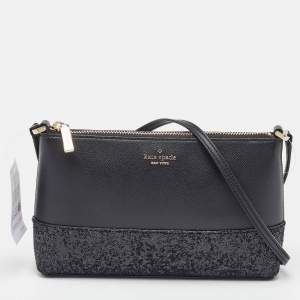 Kate Spade Black Glitter and Leather Ramey Greta Court Crossbody Bag