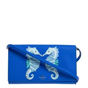 Pre Owned Kate Spade Blue Leather Seahorse Applique Flap Crossbody Bag