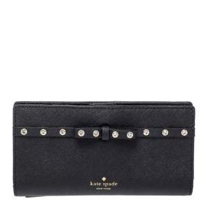 Pre Owned Kate Spade Black Leather Crystal Studded Wallet