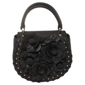 Pre Owned Kate Spade Black Floral Applique Leather Madison Layden Top Handle Bag
