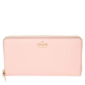 Pre Owned Kate Spade Baby Pink Leather Lacey Zip Around Wallet
