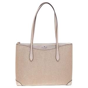 Pre Owned Kate Spade Metallic Rose Gold Leather And Shimmy Glitter Top Zip Tote