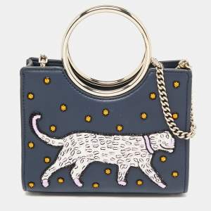 Pre Owned Kate Spade Navy Blue Leather Mini Embellished Panther Sam Brace Satchel 