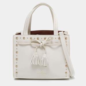 Pre Owned Kate Spade White Leather Holden Street Lanie Studded Tassel Tote