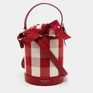 Pre Owned Kate Spade Red/White Canvas and Leather Small Picnic Gingham Bucket Bag