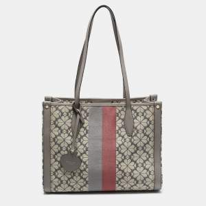 Kate Spade Grey Canvas and Leather  Flower Stripe Market Tote 
