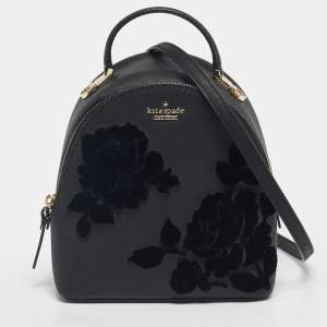 Pre Owned Kate Spade Black Leather Cameron Street Flock Roses Binx  Convertible Backpack