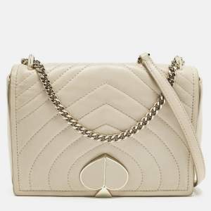 Pre Owned Kate Spade Amelia Medium Beige Leather Convertible Flap Chain Shoulder Bag