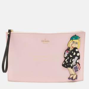 Pre Owned Kate Spade x Miss Piggy Fancy Friday Pink Leather Wristlet Clutch