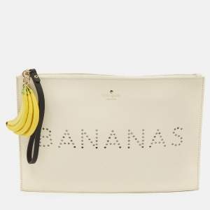 Pre Owned Kate Spade Flights of Fancy Bananas Off White Leather Wristlet Clutch