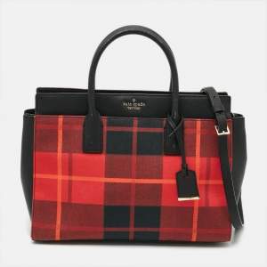 Pre Owned Kate Spade Cameron Street Candace Plaid Red/Black Canvas and Leather Tote