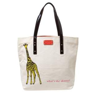 Pre Owned Kate Spade Cream/Brown Canvas and Patent Leather  Whats The Skinny Shopper Tote
