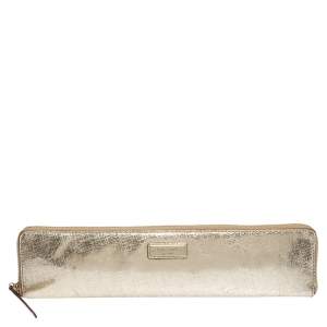 Pre Owned Kate Spade Gold Leather Zip Around Long Clutch