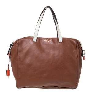 Pre Owned Kate Spade Brown/White Leather Weekender Bag