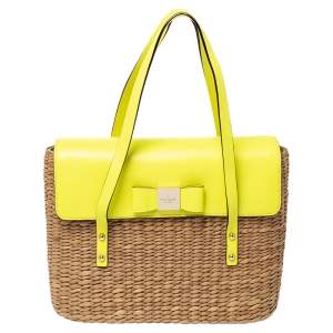 Pre Owned Kate Spade Lemon Green Straw and Leather Large New York Luisa Tote