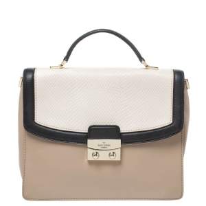 Pre Owned Kate Spade Beige/Black Snakeskin Embossed Leather Pushlock Flap Top Handle Bag