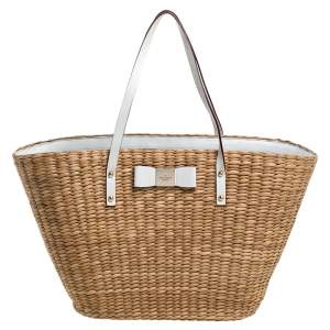 Pre Owned Kate Spade Beige/White Woven Raffia and Leather Vita Limoni Aria Tote