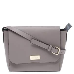 Pre Owned Kate Spade Pale Lilac Leather Logo Plague Flap Shoulder Bag