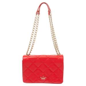 Pre Owned Kate Spade Red Quilted Leather Logo Flap Shoulder Bag