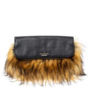 Pre Owned Kate Spade Black/Brown Faux Fox and Leather Belles Clutch