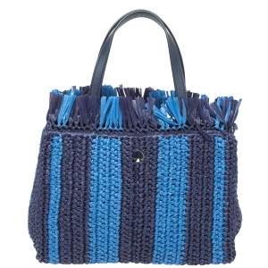 Pre Owned Kate Spade Two Tone Blue Sam Stripe Straw and Leather Medium Tote