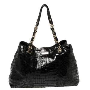 Pre Owned Kate Spade Black Croc Embossed Patent Leather Tote