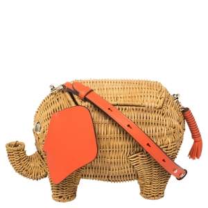 Pre Owned Kate Spade Orange/Beige Rattan and Leather Large Tiny Elephant Wicker Shoulder Bag 