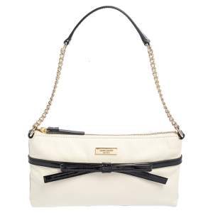 Pre Owned Kate Spade Black/Cream Leather and Patent Leather Bow Chain Baguette