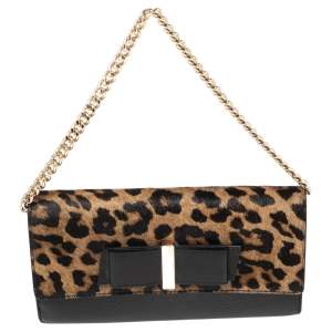 Pre Owned Kate Spade Black/Brown Leopard Print Calfhair and Leather Parchment Milou Chain Clutch