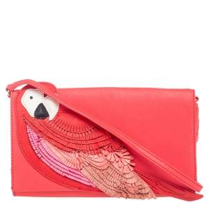 Pre Owned Kate Spade Coral Leather New York Flights of Fancy Parrot Shoulder Bag