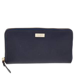 Pre Owned Kate Spade Navy Blue Leather Laurel Way Neda Zip Around Wallet
