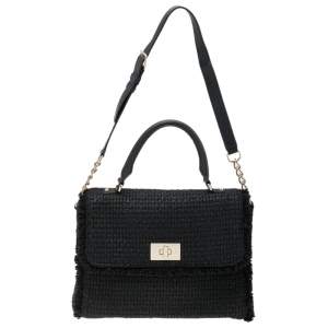 Pre Owned Kate Spade Black Tweed and Leather Turnlock Top Handle Bag
