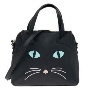 Pre Owned Kate Spade Black Leather Cat's Meow Cat Lottie Satchel