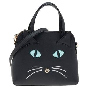 Pre Owned Kate Spade Black Leather Cat's Meow Cat Lottie Satchel