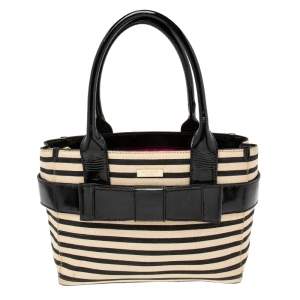 Pre Owned Kate Spade Black/Beige Striped Canvas and Patent Leather Bow Tote