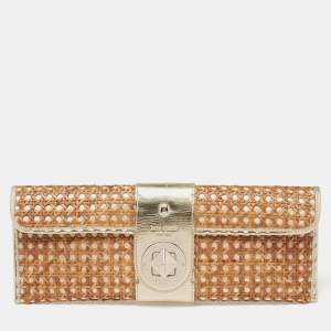 Pre Owned Kate Spade Gold/Brown Woven Rattan and Leather Turnlock Flap Long Clutch