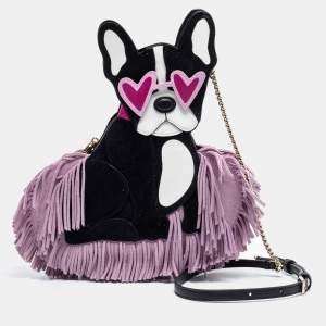 Pre Owned Kate Spade Black/Lilac Suede and Leather Fringe Puppy Chain Bag