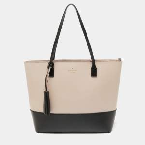 Pre Owned Kate Spade Black/Pale Pink Leather Wright Place Karla Tassel Tote