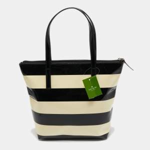 Pre Owned Kate Spade Cream/Black Stripe Patent Leather Tote
